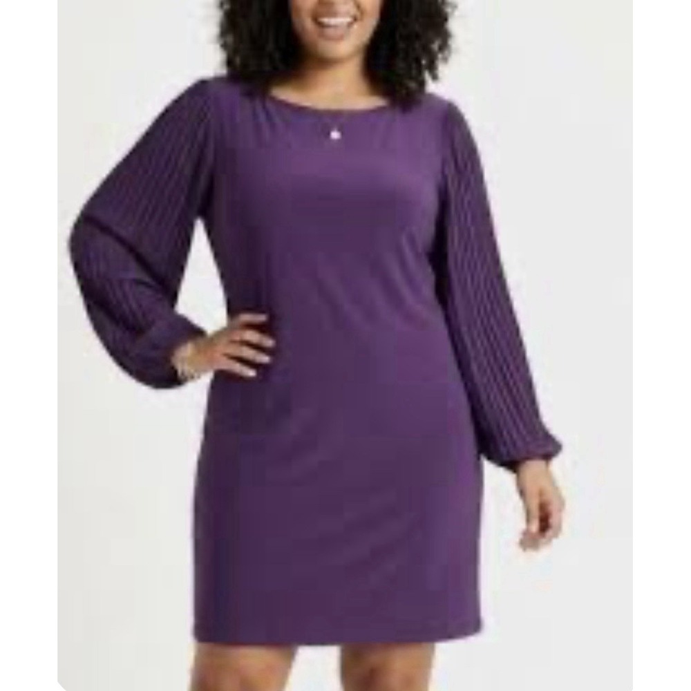 Roz & Ali Jersey Knit Dress Sz S Long Pleated Sleeve Purple Workwear Party